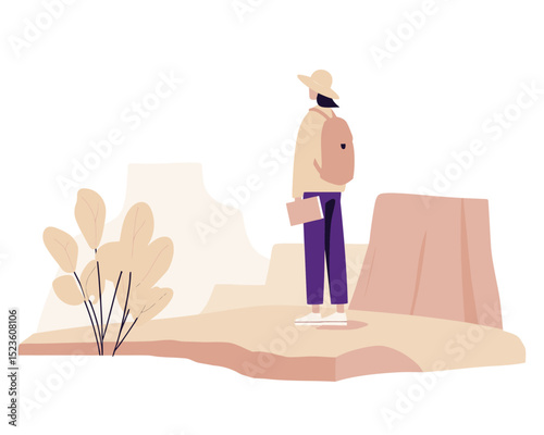 Man Wearing Hat Standing on Desert Landscape Overlooking Scenic Natural Viewpoint Illustration