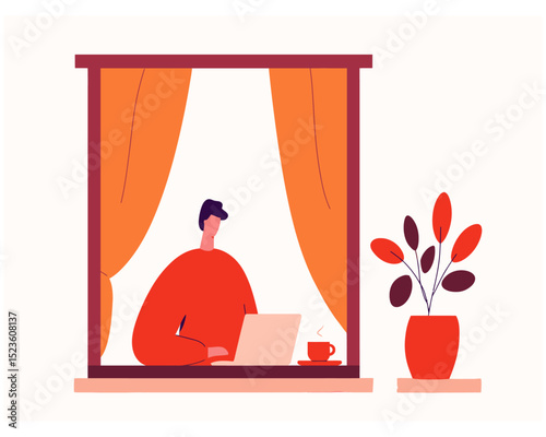Freelancer typing near window with yellow curtains and indoor plant flat vector perfect for cozy home workspace
