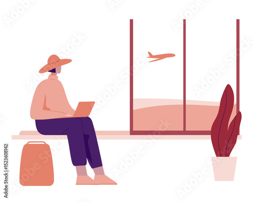 Person typing at airport window seat with duffle and coffee mug flat vector great for travel productivity