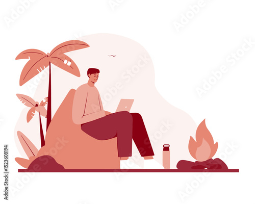 Young man working near campfire surrounded by plants and mountains flat vector perfect for outdoor freelancer themes