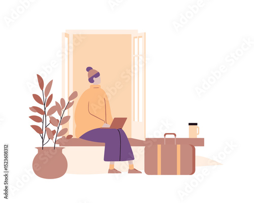 Traveler sitting on bench outside house with luggage and coffee flat vector great for arrival or departure visuals