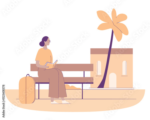 Traveler woman sitting on bench under large tree with luggage flat vector perfect for laid back outdoor travel moments