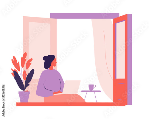 Woman standing near open window with curtain and table flat vector ideal for slow morning or peaceful home scenes