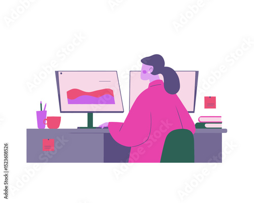 Woman working on desktop computer at home office with pen tablet flat vector ideal for digital artist workspace