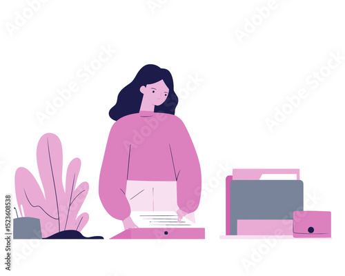 Young woman organizing documents with folders and files flat vector suitable for office admin or paperwork scenes