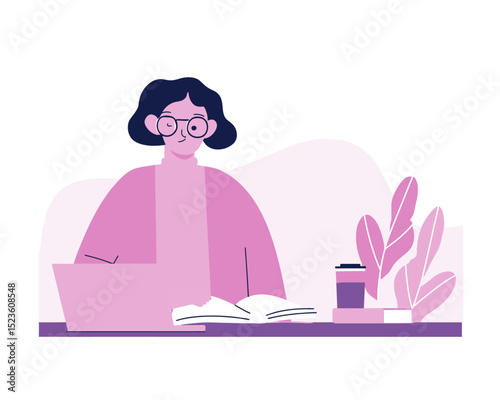 Student reading book at desk with pink background and glasses flat vector ideal for learning or academic visuals