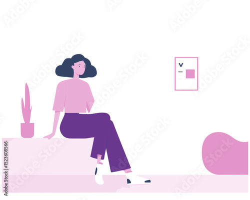 Woman relaxing on sofa with crossed legs near indoor decor flat vector ideal for calm break or wellness moment visuals