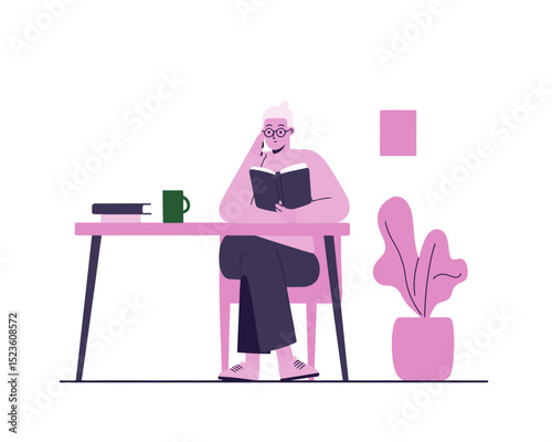 Older man reading book at tall desk with pink wall and decor flat vector perfect for calm intellectual lifestyle scenes