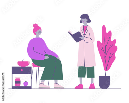 Doctor consulting patient in home setting with indoor plants flat vector ideal for telehealth or healthcare scenes