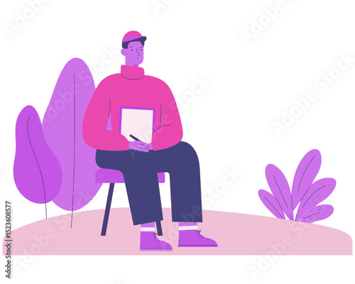 Man sitting on chair holding notebook beside purple plant flat vector ideal for casual education or journaling themes