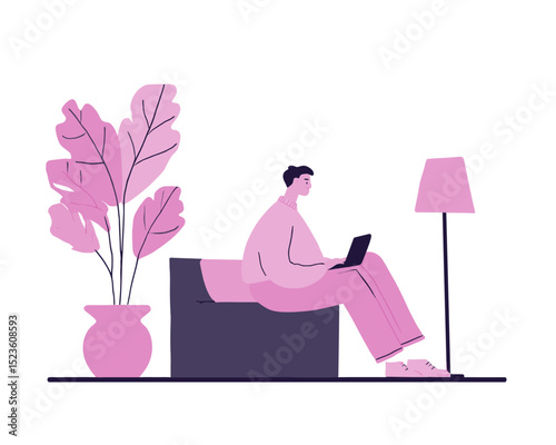 Man sitting on couch using phone with floor lamp and plant flat vector great for digital leisure or remote communication