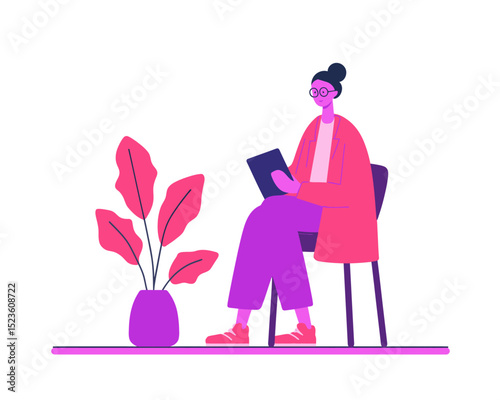 Woman using laptop sitting on chair with red plant decor flat vector ideal for focused remote work or productivity themes