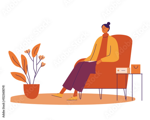 Woman sitting on chair with tissue box beside indoor plant flat vector ideal for therapy or personal care visuals