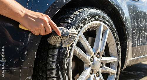 Close-up of Hand Washing Car Wheel with Brush and Soap
