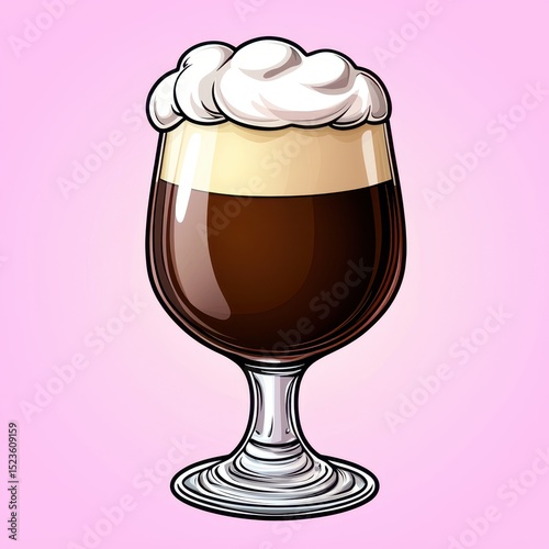 Dark brown beer with creamy white head in a stemmed glass against a light pink background. Pixel art style illustration