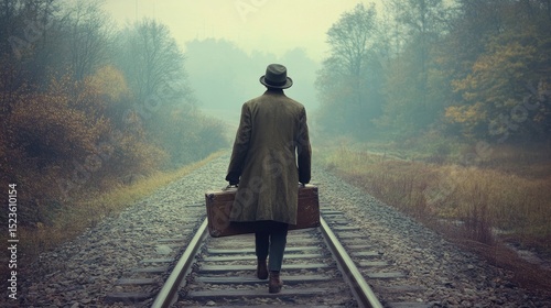 A solitary traveler walks a misty railway track.