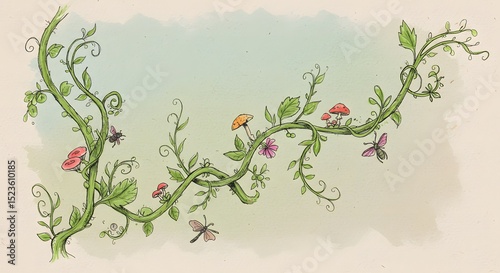 Whimsical Illustration of a Vine with Flowers, Mushrooms, and Insects