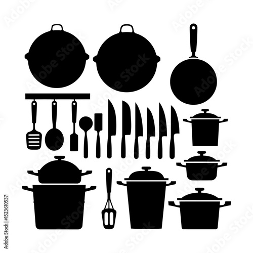 Kitchen Utensils Vector Illustration Bundle, Kitchen Utensils vector illustration, set of kitchen utensils vector silhouette, A set of black and white icons for kitchen items,