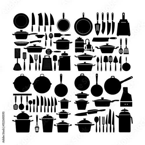 Kitchen Utensils Vector Illustration Bundle, vector collection of cooking women, Kitchen Utensils vector illustration, Kitchen cooking tool doodle set, Kitchen restaurant chef kitchenware cooker
