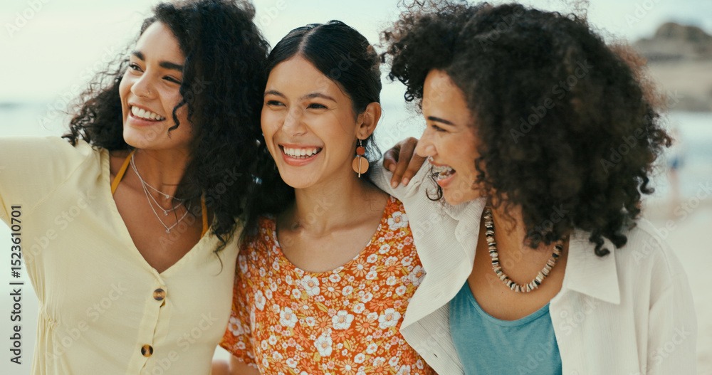 Fototapeta premium Smile, women and friends hug on beach for travel reunion, summer holiday and bonding together. Happy, people and laugh with embrace of ocean vacation, social gathering and sightseeing on getaway trip