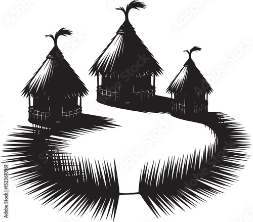 Three tropical thatched huts on palm frond island.