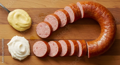 a cutting board with sliced Kielbasa, placing mustard or horseradish dip on one of the thirds