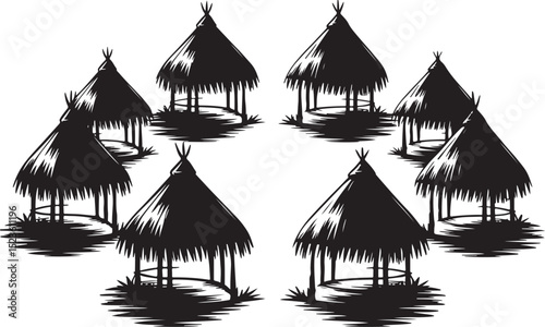 Seven thatched huts in a circular pattern.