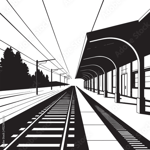 Black and white train station platform perspective.
