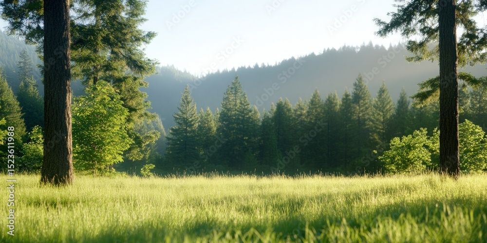 Fototapeta premium Green meadow landscape with trees and sunlight natural environment