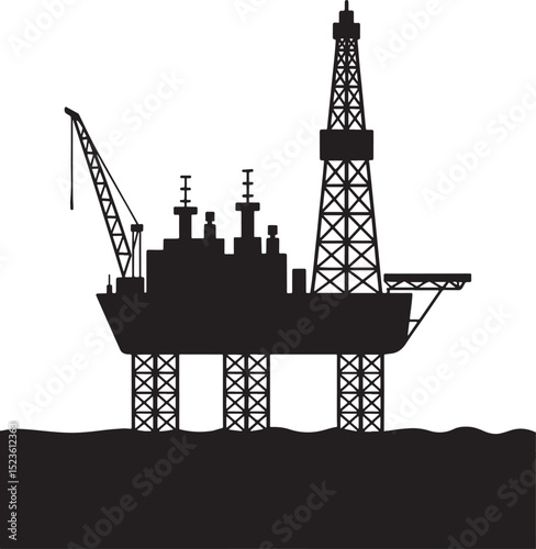 Offshore oil rig silhouette black and white illustration.