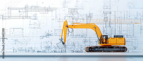 Yellow Excavator On Blueprint Design Background