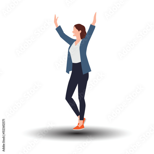Vector illustration of a woman raising both hands, celebrating success, happiness, on a white background.