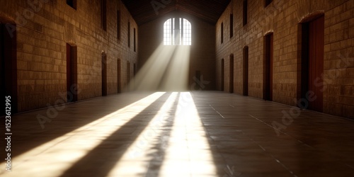 Sunbeams in long stone corridor with multiple doors