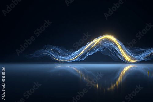 Abstract Wave of Golden and Light Blue Particles on Reflective Dark Surface Creating a Sense of Movement, Energy, and Modern Technology