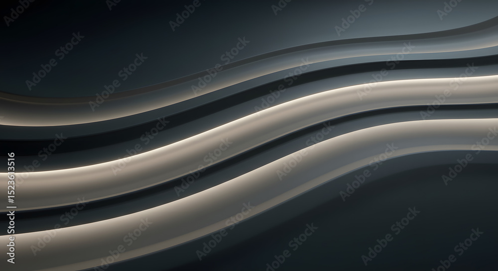 Obraz premium Abstract composition of smooth, metallic wavy lines in shades of grey, creating a sense of movement and modern design. Represents technology, data, fluidity, and abstract patterns. 