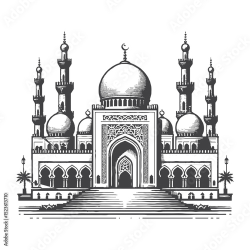 Vintage Hand-Drawn Front View Of The Magnificent Mosque Illustration, Islamic Architecture Engraved Style Vector for T-Shirts and Religious Themes Design
