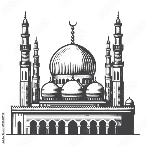 Vintage Hand-Drawn Front View Of The Magnificent Mosque Illustration, Islamic Architecture Engraved Style Vector for T-Shirts and Religious Themes Design