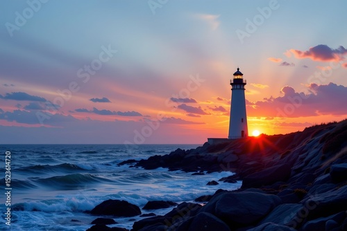 stylized minimalist landscape of a lighthouse at sunset with gentle waves
