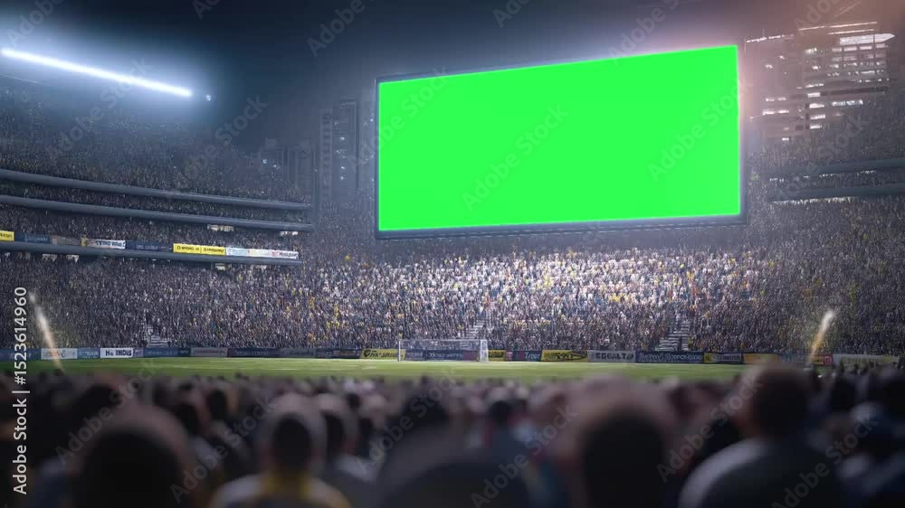 A large green screen scoreboard LED in stands of a crowded soccer arena ...