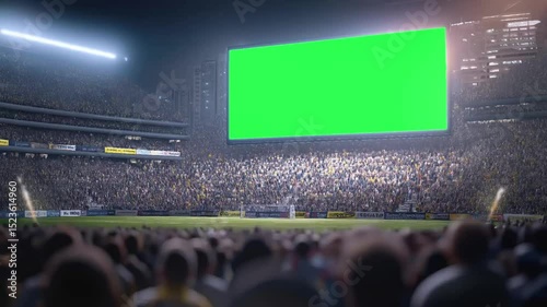 A large green screen scoreboard LED in stands of a crowded soccer arena stadium with light flashes for advertisement seamless looping animation background