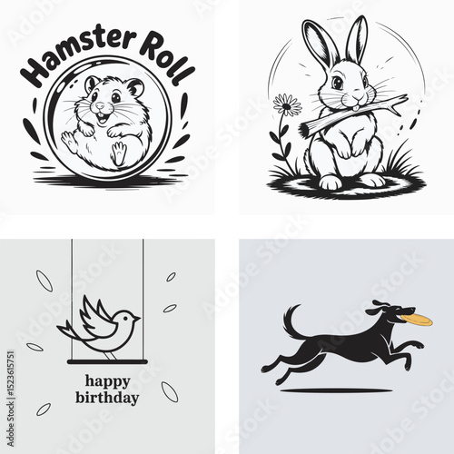 A collection of cute animal illustrations featuring a hamster, rabbit, bird, and dog in a simple monochrome style