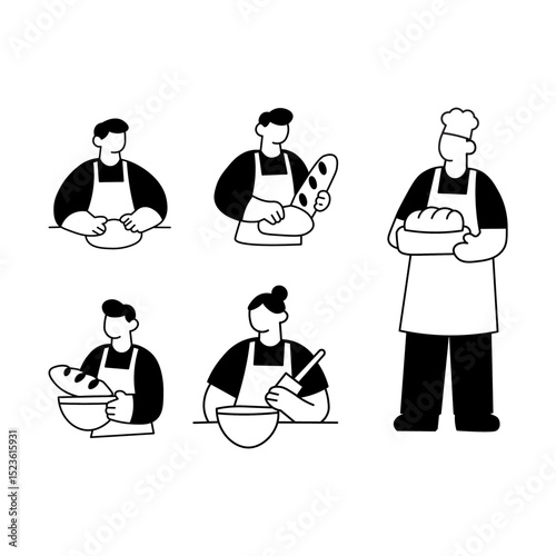 flat illustration of a baker in action, showing the steps of making bread