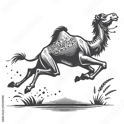 Vintage Hand-Drawn Camel Jumping Joyfully Illustration, Desert Animal Engraved Style Vector for T-Shirts and Wildlife Themes Design