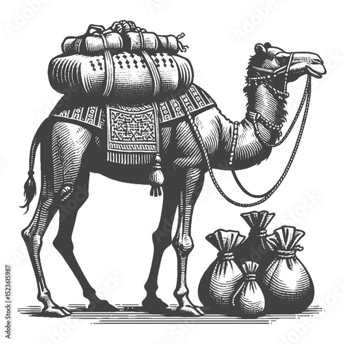 Vintage Hand-Drawn Camel Carrying Nomad Tent Supplies Illustration, Desert Travel Engraved Style Vector for T-Shirts and Cultural Themes Design