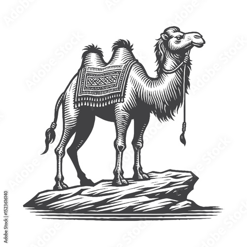 Vintage Hand-Drawn Camel Standing Proudly on Rock Illustration, Desert Wildlife Engraved Style Vector for T-Shirts and Adventure Themes Design