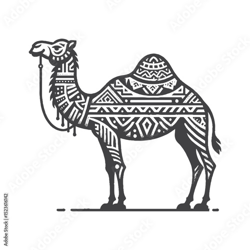 Vintage Hand-Drawn Camel With Painted Tribal Patterns Illustration, Cultural Desert Animal Engraved Style Vector for T-Shirts and Ethnic Themes Design