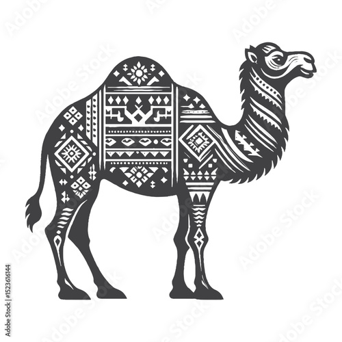 Vintage Hand-Drawn Camel With Painted Tribal Patterns Illustration, Cultural Desert Animal Engraved Style Vector for T-Shirts and Ethnic Themes Design