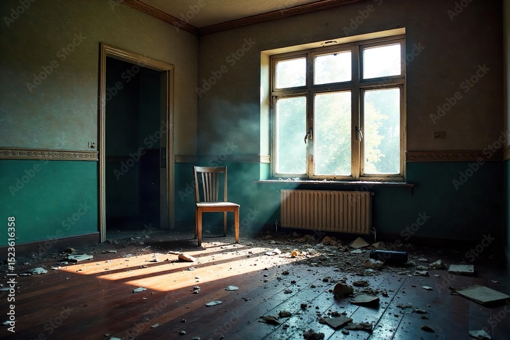 Fototapeta premium A shattered window, a broken chair, and scattered debris litter the floor of a vandalized room, indicative of a violent crime scene , debris, trial, graffiti
