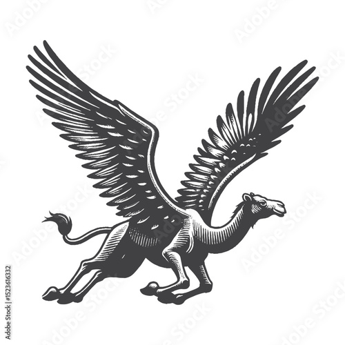 Vintage Hand-Drawn Camel Flying Surreal Wings Spread Illustration, Fantasy Animal Engraved Style Vector for T-Shirts and Imaginative Themes Design
