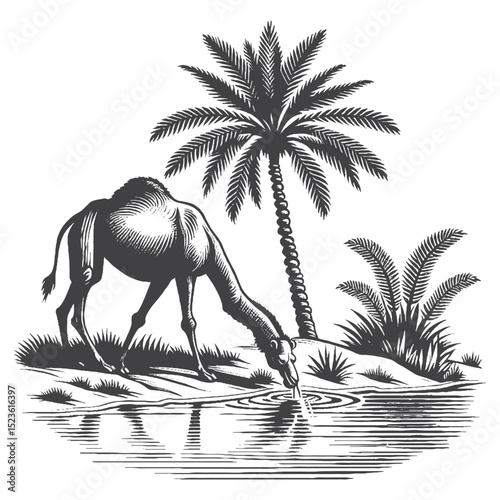 Vintage Hand-Drawn Camel Drinking Water at Oasis Illustration, Desert Scene Engraved Style Vector for T-Shirts and Wildlife Themes Design